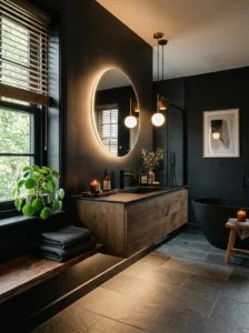 Matte black bathroom walls with warm lighting and modern decor