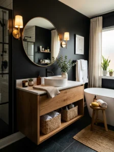 Black bathroom combined with warm wood accents
