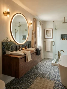 Mosaic bathroom floor tiles with decorative patterns