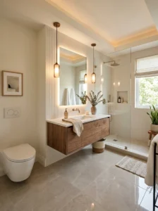 Porcelain bathroom floor tile in a modern bathroom