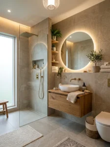 Floor to ceiling bathroom tile walls in a sleek interior