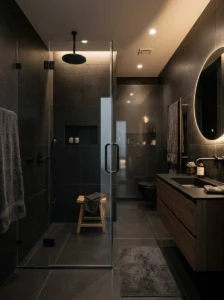 Modern black shower bathroom with matte tiles, frameless glass, and warm lighting