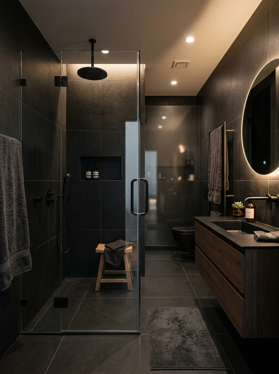 Modern black shower bathroom with matte tiles, frameless glass, and warm lighting