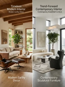 Comparison between timeless modern design and trend-driven contemporary interiors.