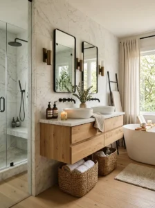 Black and white marble bathroom with warm wood accents