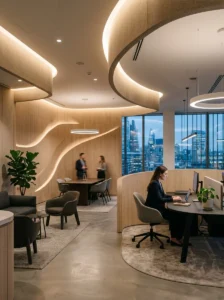 Curved office wall panels creating soft shadow effects in a modern workspace