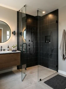 Black subway tile shower with modern fixtures