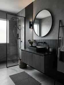 Black sink fixtures in a monochrome modern bathroom setup
