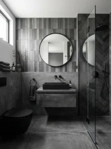 Black sink blending into a modern monochrome bathroom design