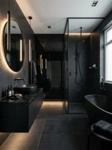 Layered black bathroom textures creating a bold monochrome design