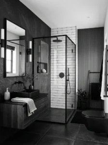 Monochrome bathroom with layered black and white textures and finishes