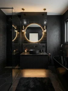 Layered monochrome black bathroom with modern luxury styling