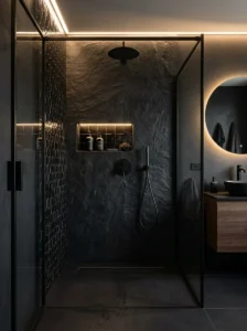 Monochrome black shower space with layered textures and sleek styling