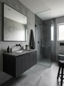 Monochrome bathroom styled with sleek black hardware details