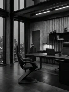 Monochrome office design with deep contrast and abstract shadow details