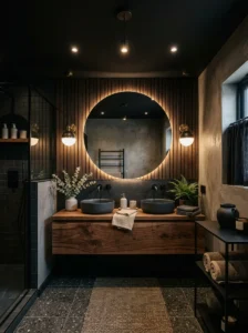 Moody bathroom featuring a bold black ceiling