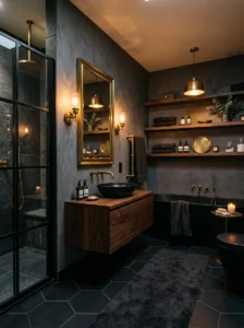 Moody bathroom interior with black flooring and warm lighting