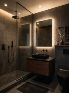 Dark grey bathroom tiles with matte black fixtures