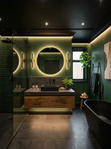 Moody green bathroom featuring a black ceiling
