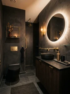 Black toilet inside a moody dark bathroom design