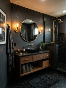 Moody bathroom with black hexagon tiles and dark decor