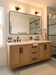 Black cabinet handles contrasting against light wood bathroom vanity