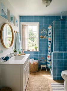 Ocean blue tile bathroom designed for kids