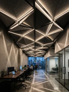 Abstract office ceiling with hidden lighting creating layered shadow effects