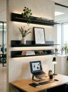 Layered office shelving creating architectural shadow effects