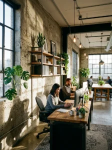 Concrete office walls with side lighting creating soft abstract shadows