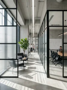 Glass office dividers casting soft patterned shadows in workspace