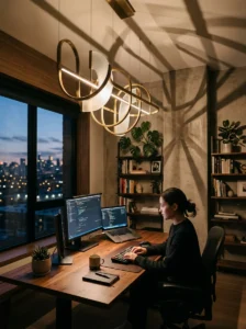 Sculptural office lighting creating artistic shadow effects above workspace