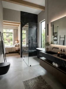 Open bathroom with black marble accents