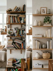 Open shelves with excessive decor compared to organized minimalist shelf styling.