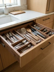 Organized kitchen drawer with divided storage zones for utensils and tools.