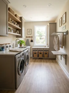 Waterproof flooring in a clean organized modern laundry room.