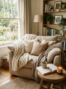 Comfortable oversized chair styled for a cozy home reading nook.