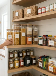 Stackable kitchen storage containers organizing dry food in a small kitchen.