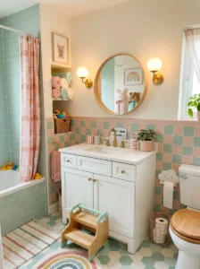 Pastel tile bathroom with soft playful colors for kids