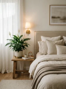 Peace lily plant creating a relaxing and elegant bedroom atmosphere with soft neutral decor.