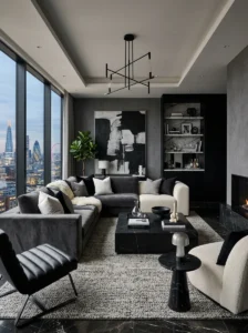 Monochrome penthouse lounge with modern luxury decor and layered textures