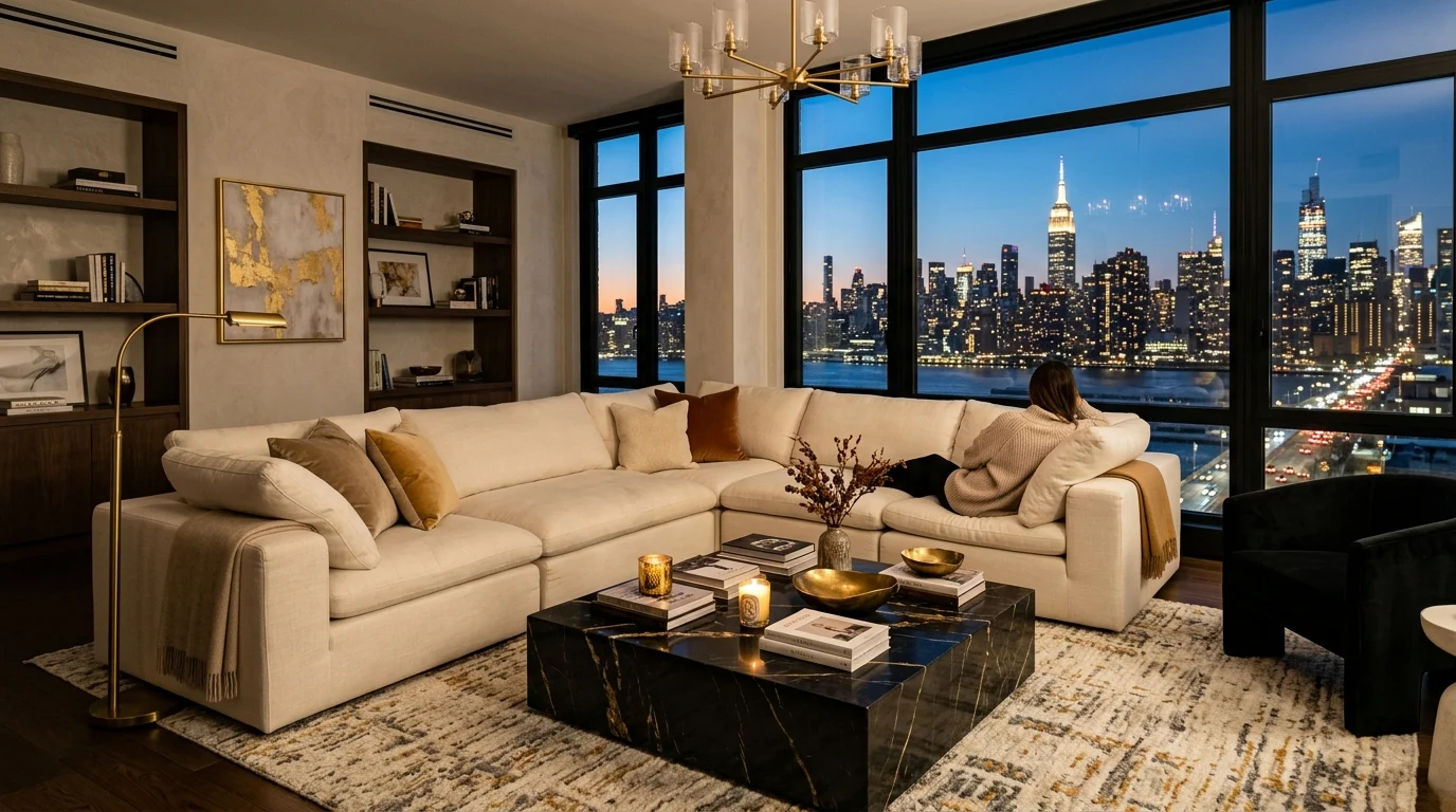 Luxury penthouse lounge with cream sectional, marble table, and city skyline view