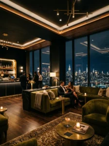 Dark moody penthouse lounge with velvet furniture and warm lighting