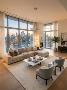 Minimal penthouse lounge with floor-to-ceiling windows and skyline views