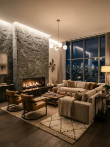 Luxury penthouse lounge featuring a modern fireplace wall