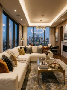 Oversized cream sectional sofa with gold accents in a penthouse lounge