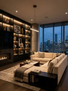 Built-in LED shelving display in a modern penthouse lounge