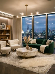 Velvet furniture and layered textures in a luxe penthouse lounge
