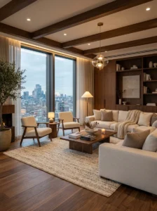 Neutral penthouse lounge with warm wood tones and cream furniture