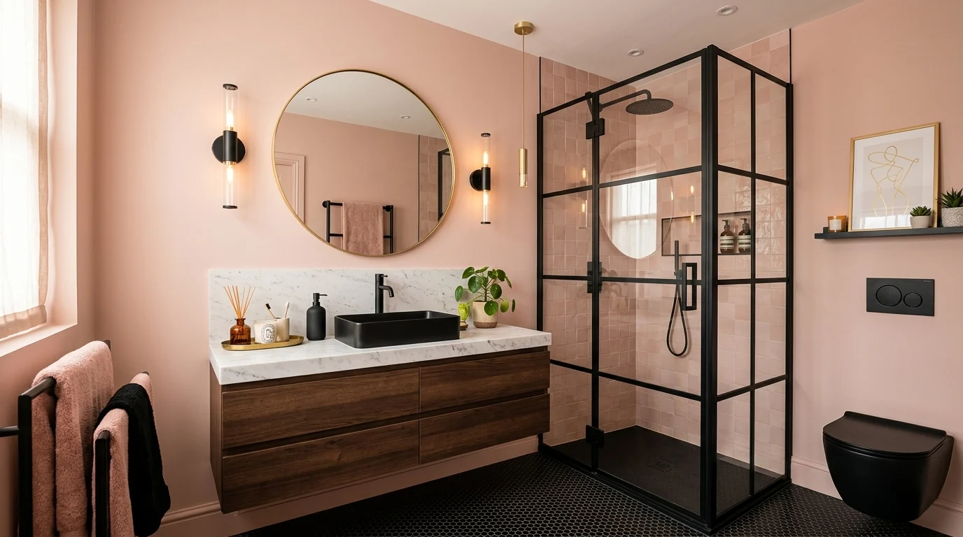 Stylish pink and black bathroom with matte black fixtures and blush walls